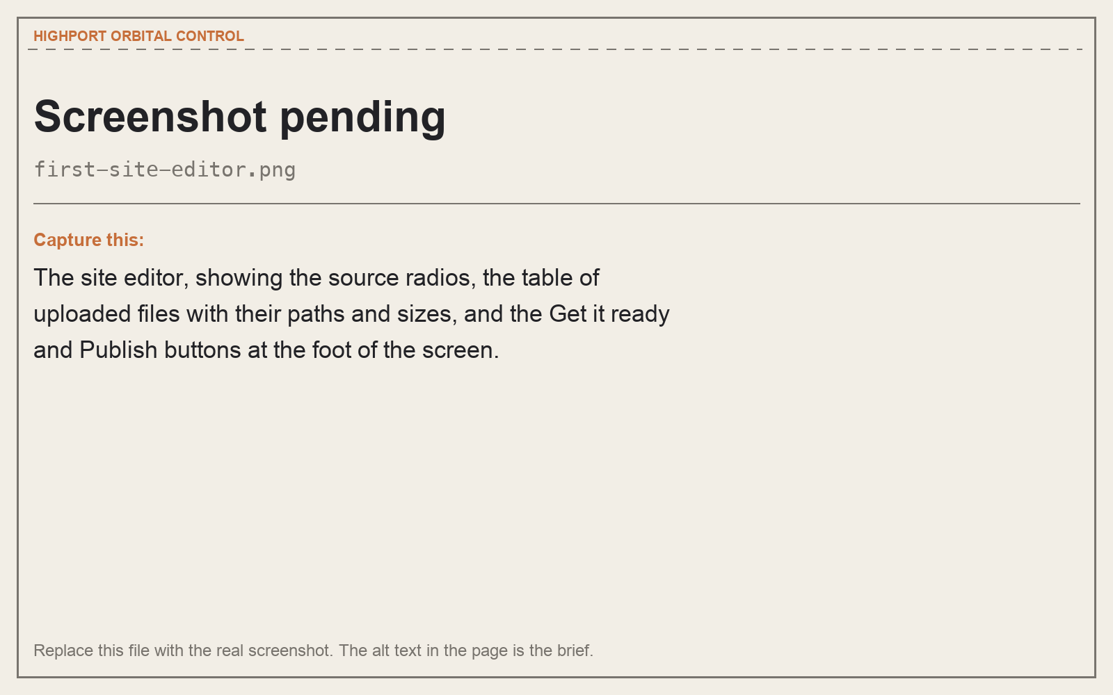 The site editor, showing the source radios, the table of uploaded files with their paths and sizes, and the Get it ready and Publish buttons at the foot of the screen.