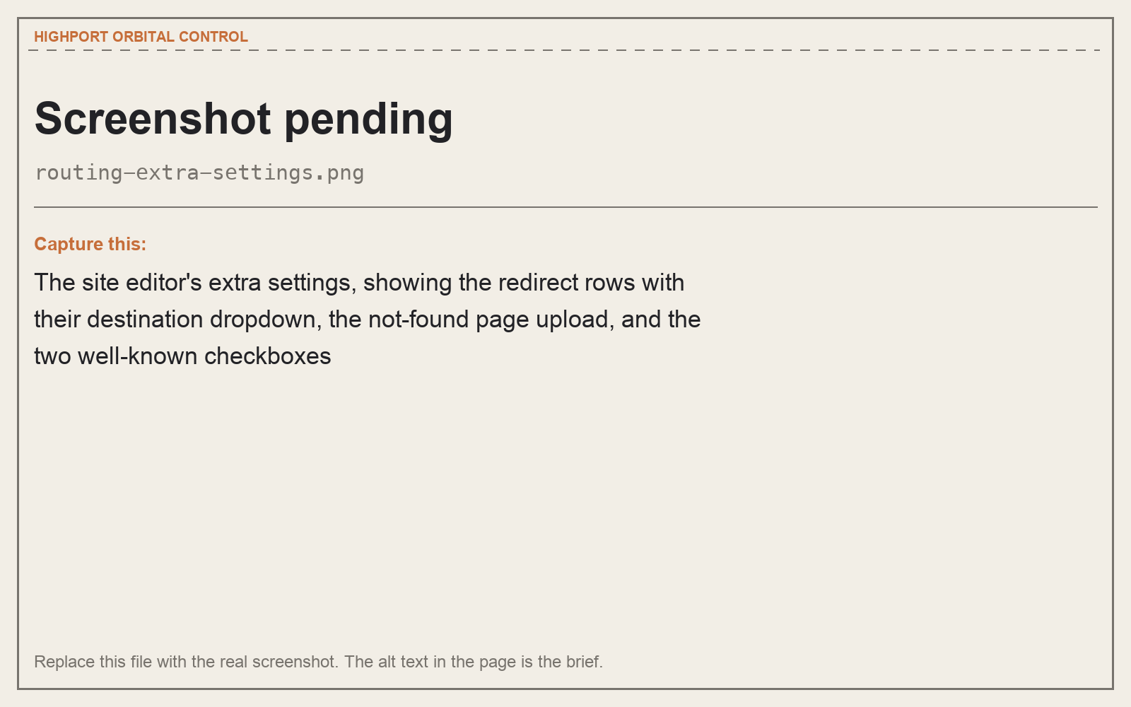The site editor's extra settings, showing the redirect rows with their destination dropdown, the not-found page upload, and the two well-known checkboxes