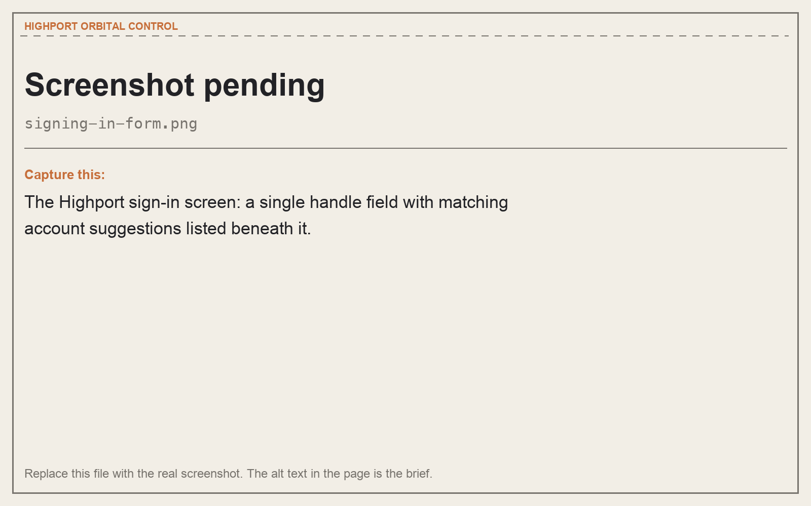 The Highport sign-in screen: a single handle field with matching account suggestions listed beneath it.